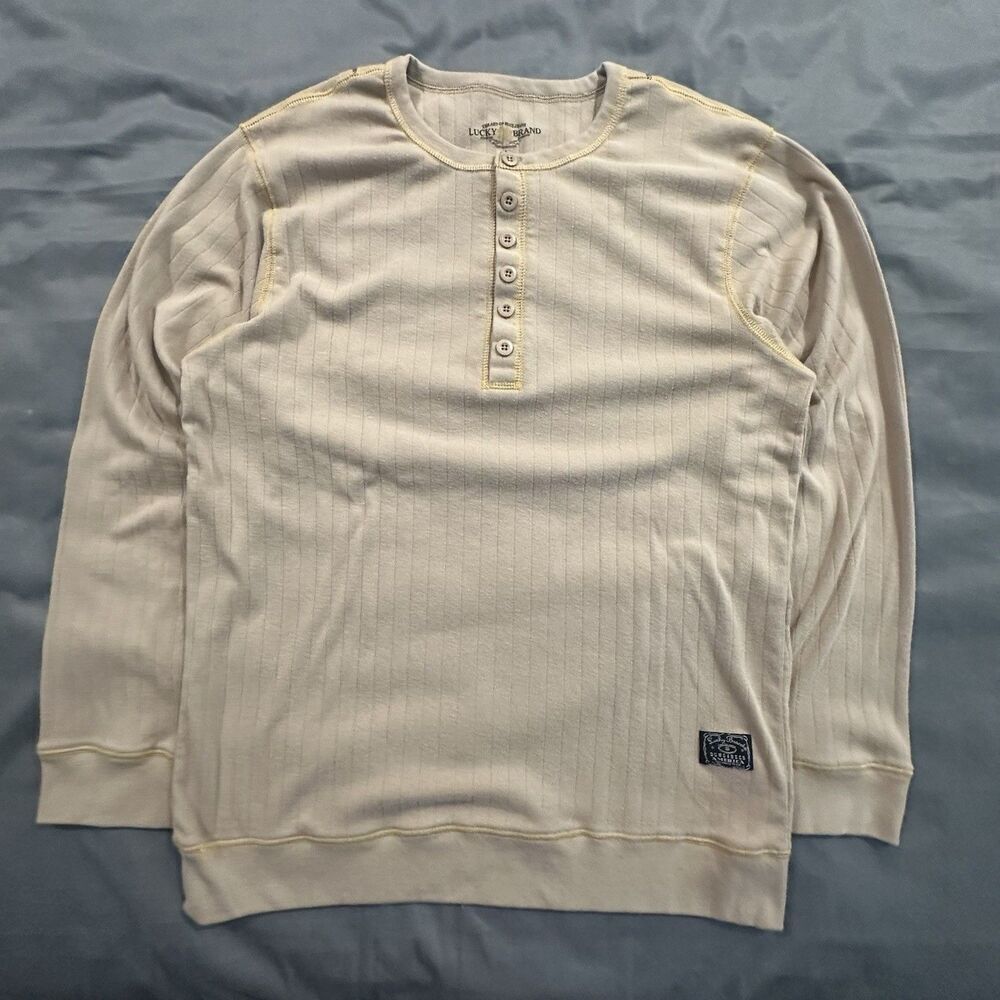 Lucky Brand Henley Shirt Mens L Long Sleeve Ribbed Knit Brown Casual Preppy